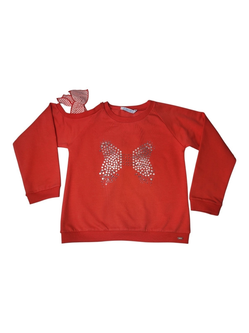 Mayoral Girls Red Cold-Shoulder Rhinestone Bow Sweatshirt NWT Size 6